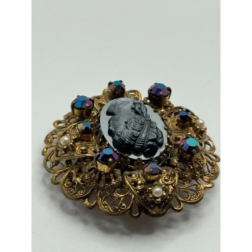 Vintage West Germany Cameo Brooch AB Rhinestone Faux‎ Pearl Filigree Brooch